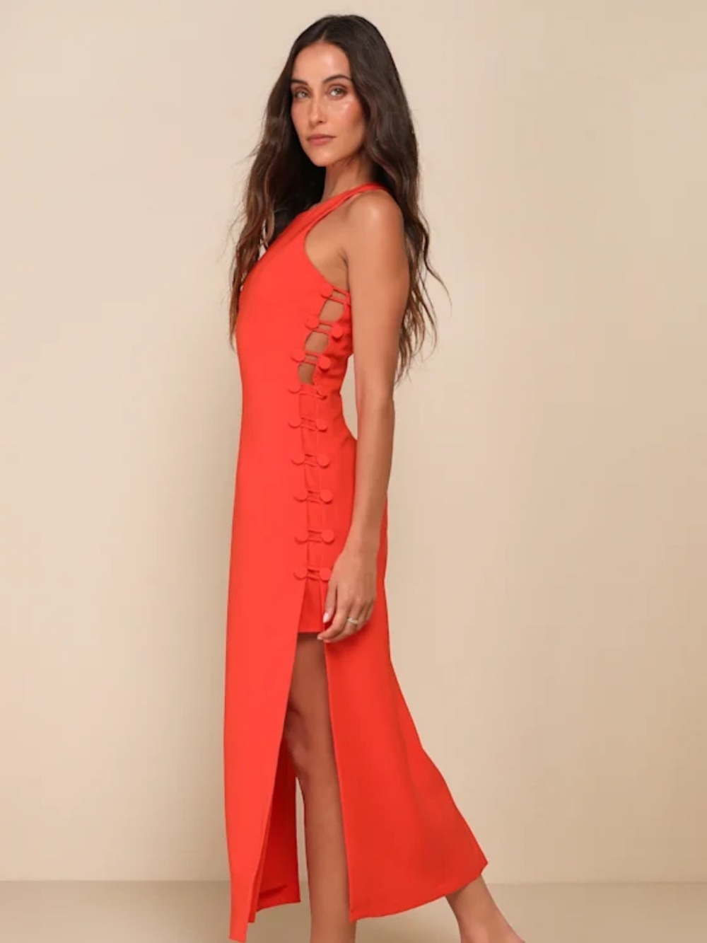 Lulu's Masterfully Mod Bright Orange Side Button Midi Dress Size Large Modern